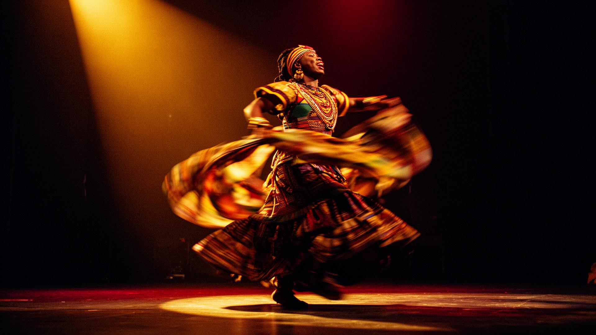 Bailarino de semba em palco com iluminação âmbar